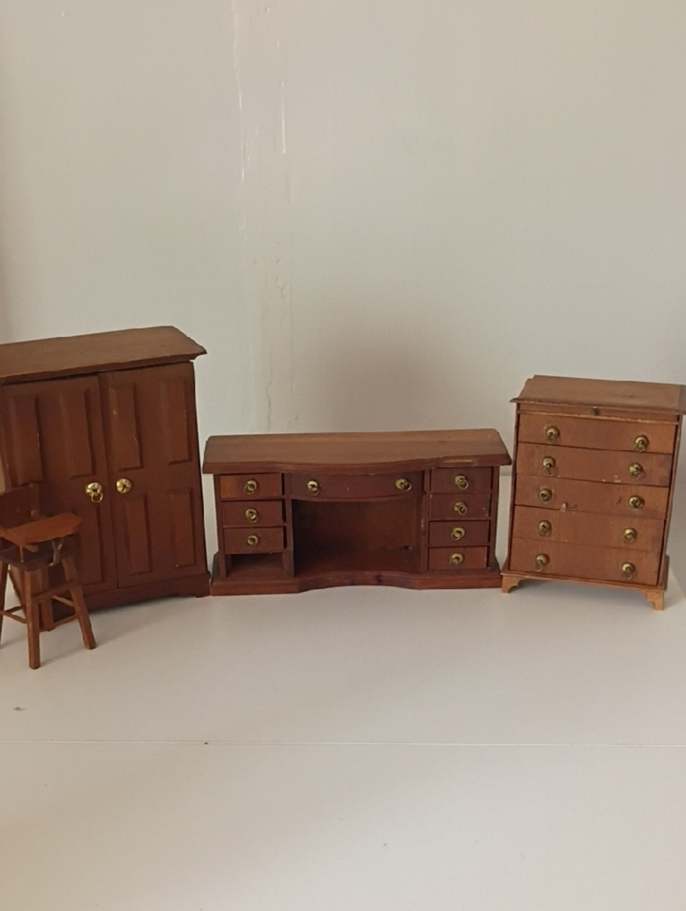 Miniature Wooden Dollhouse Furniture Set - Brown Desk, Armoire & Chest